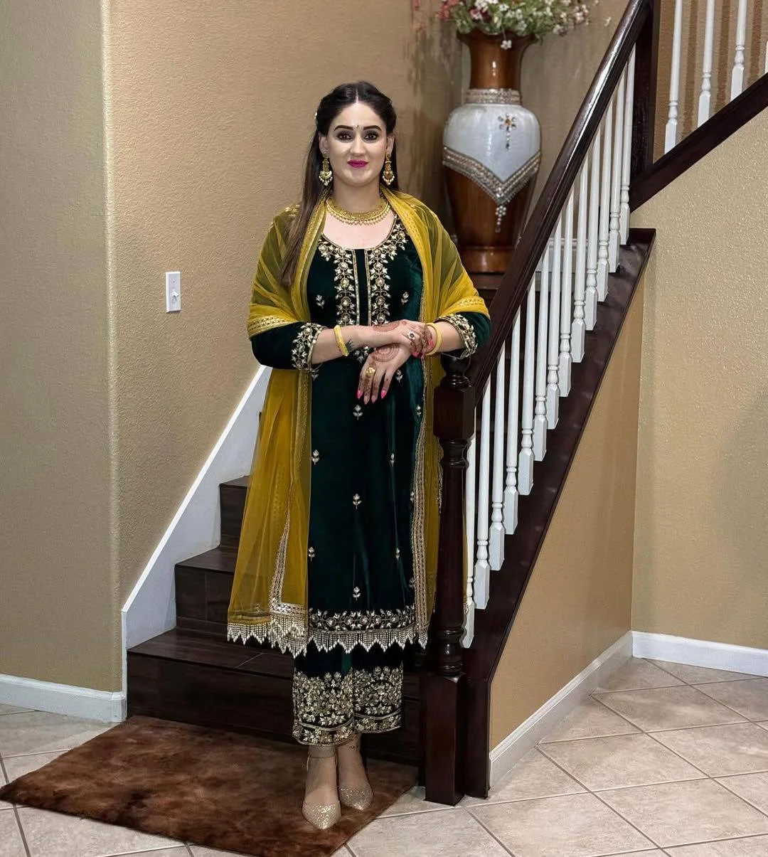 Velvet Sequin Embroidered Suit Set with Moti Lace Dupatta