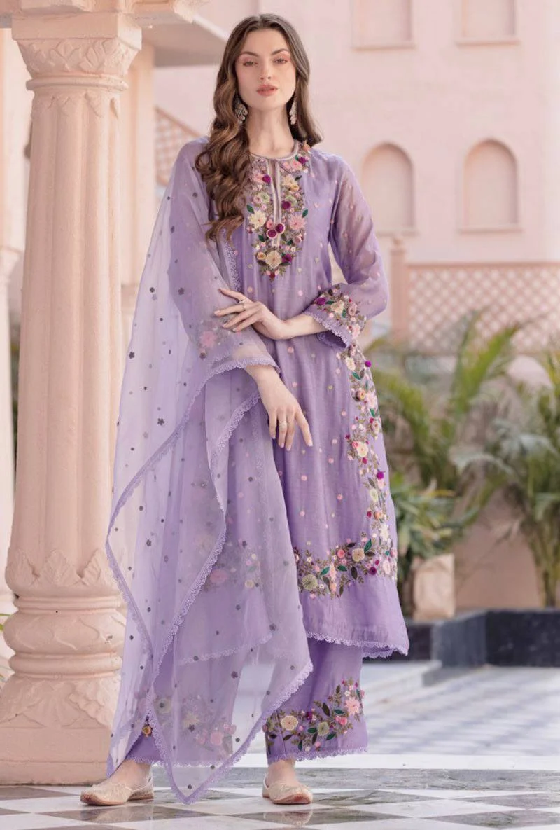 Luxury Embroidered Georgette Ensemble | Full Length Top & Plazzo Set