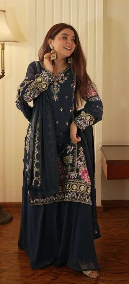 Full Embroidery Sequence Work Kurti Set | Circular Plazzo & Dupatta