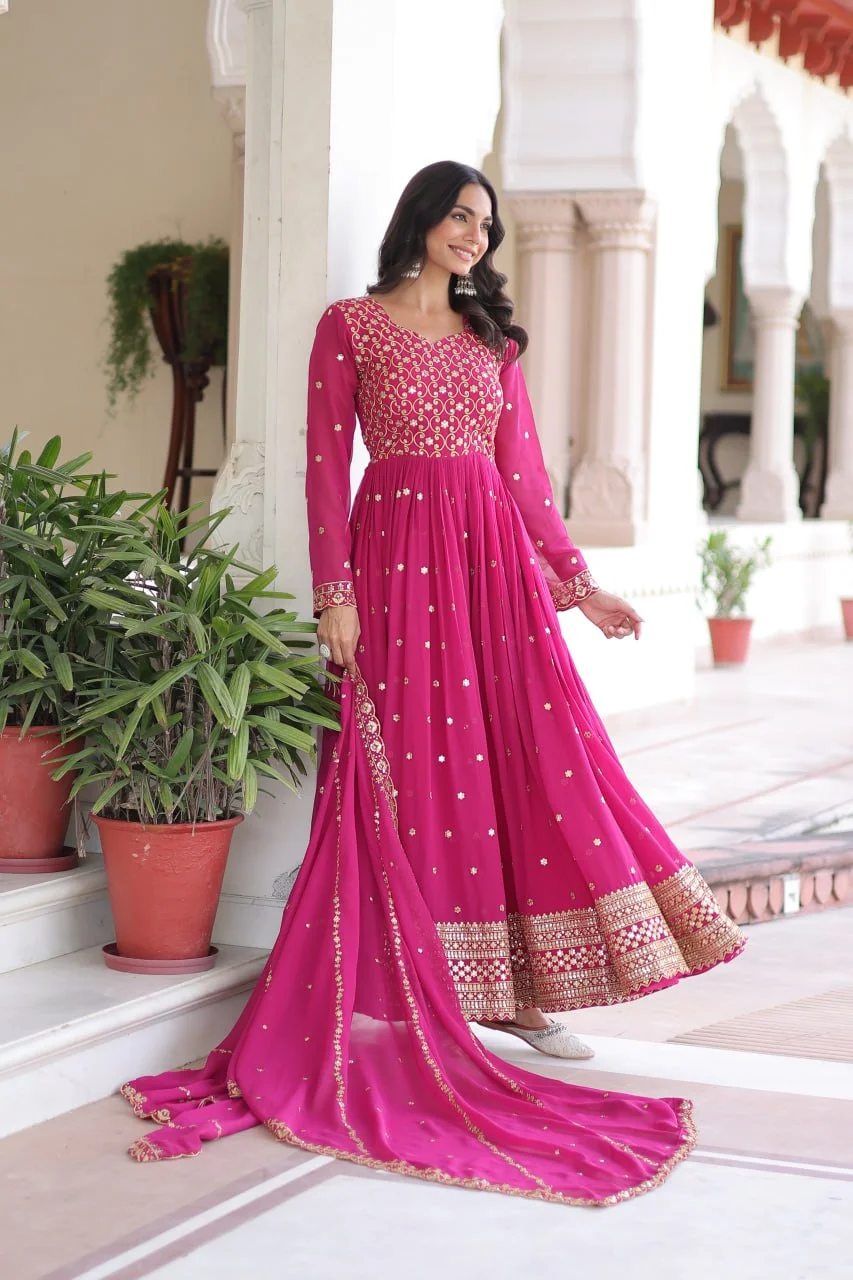 Heavy Sequence & Zari Embroidery Gown With Full Sleeves & Designer Dupatta