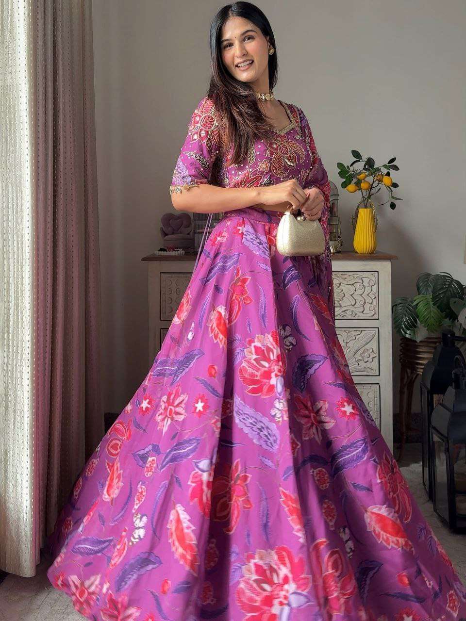 Elegant Printed Georgette Lehenga Set with Sequence & Real Mirror Work
