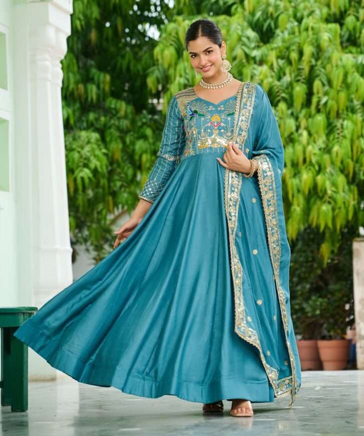 Vichitra Silk Heavy Sequence & Zari Embroidered Gown with Dupatta
