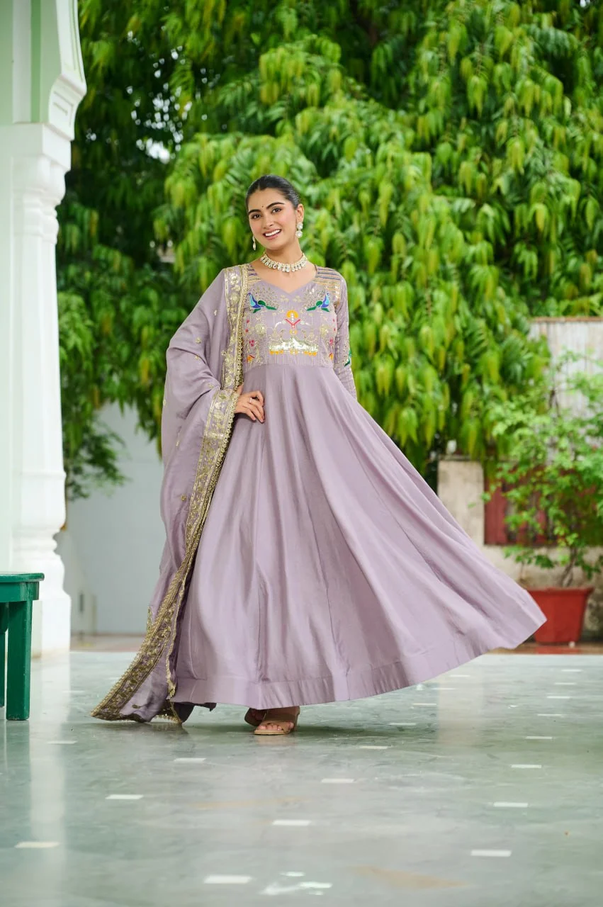 Elegant Vichitra Silk Gown Set with Rich Embroidery & Dupatta