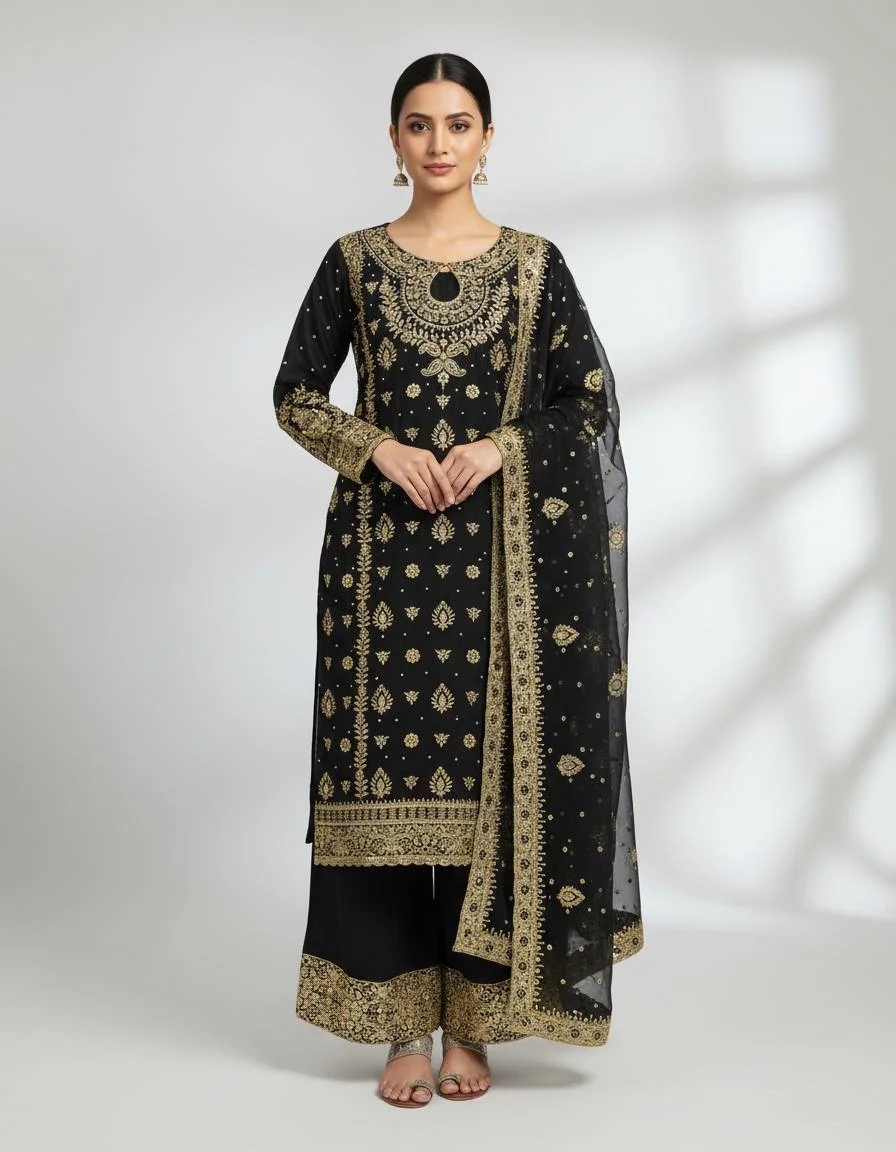 Stunning Heavy Embroidered Georgette Three-Piece Set
