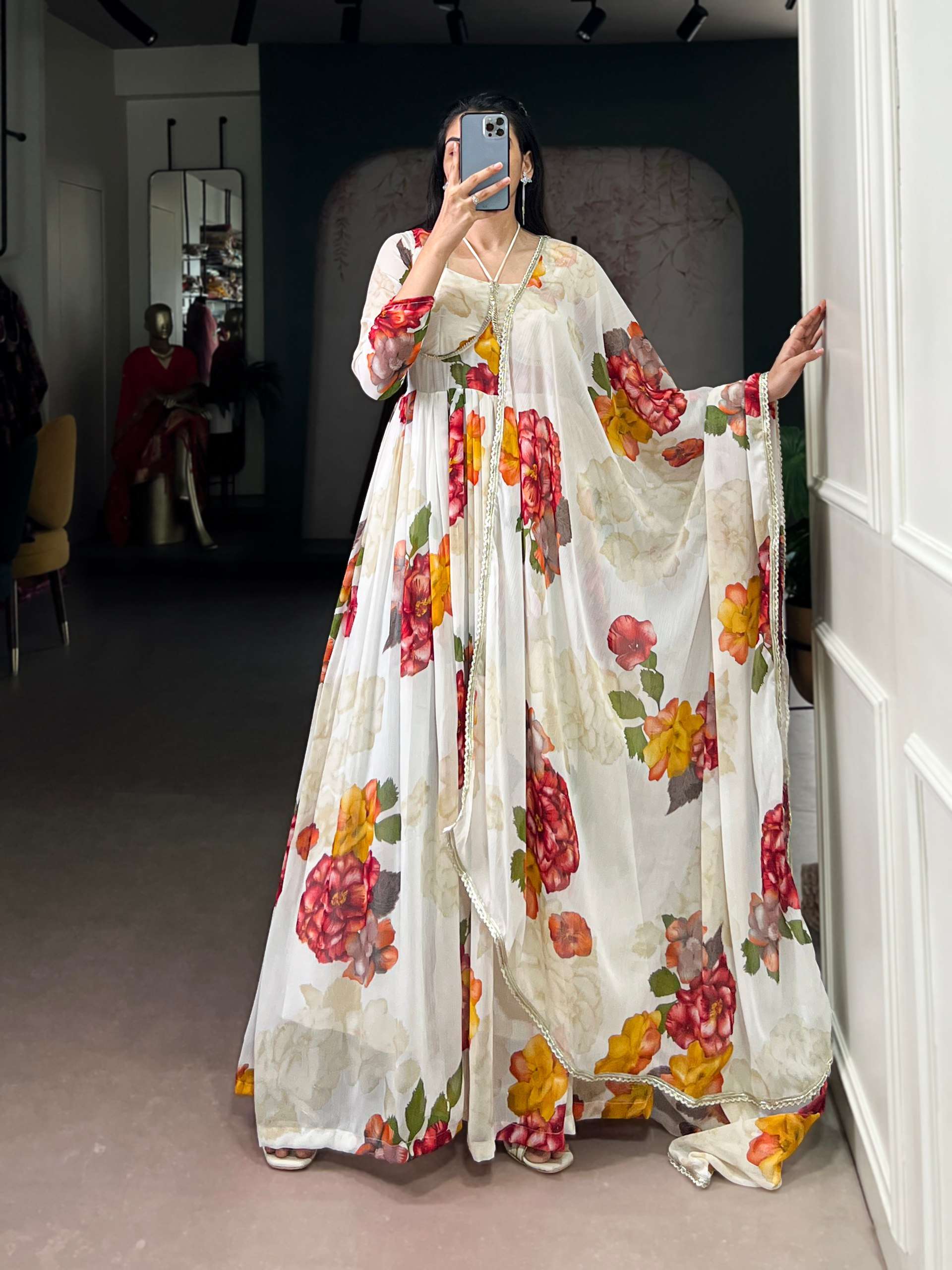 Designer Floral Chiffon Gown with Matching Dupatta