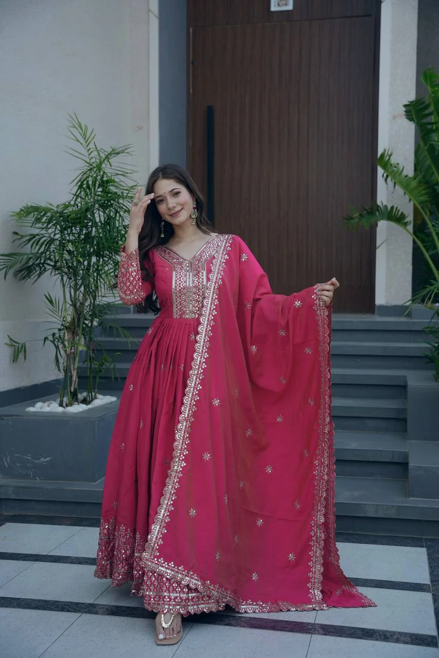 Heavy Shimmer Silk Gown Set with Embroidery Sequence Work