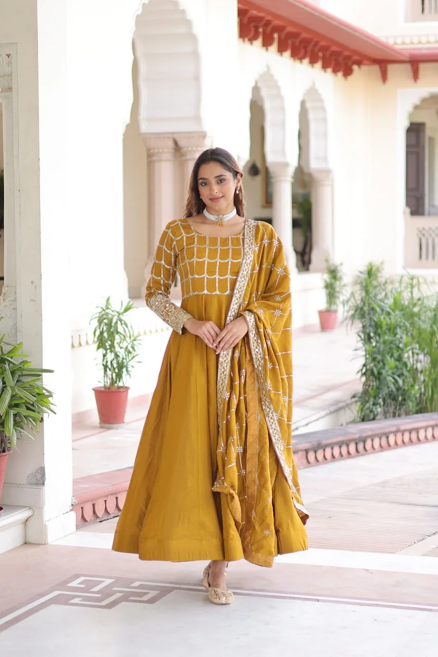 Rich Sequence & Zari Embroidered NC Vichitra Gown with Fancy Dupatta