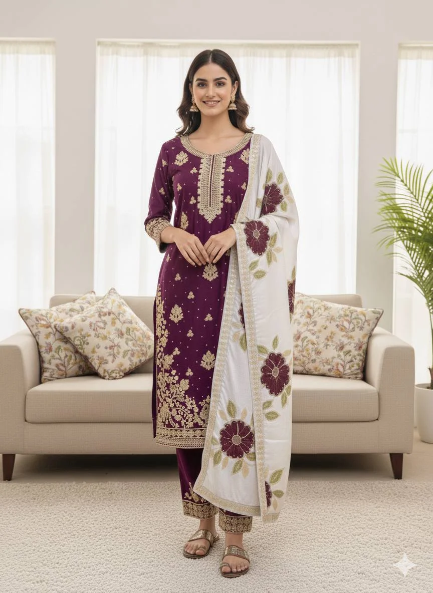 Elegant GMY Silk Embroidered Top–Plazzo Set with Tebby Organza Dupatta