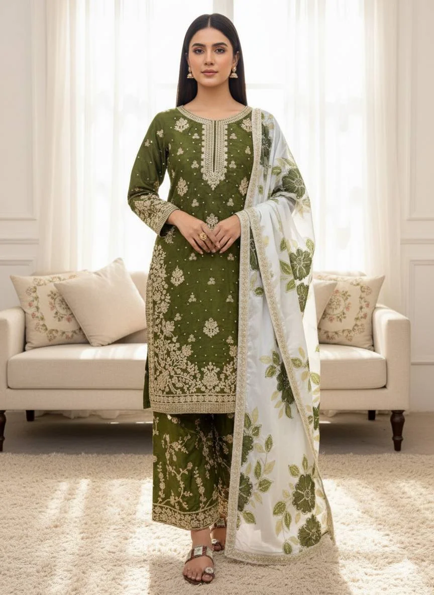 Elegant Green GMY Silk Embroidered Top–Plazzo Set with Organza Dupatta