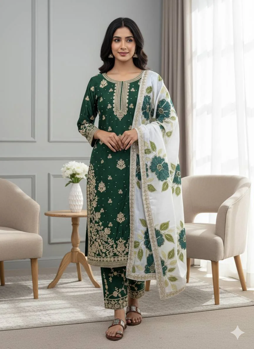 Green Premium Embroidered Top & Plazzo Set with Tebby Organza Dupatta