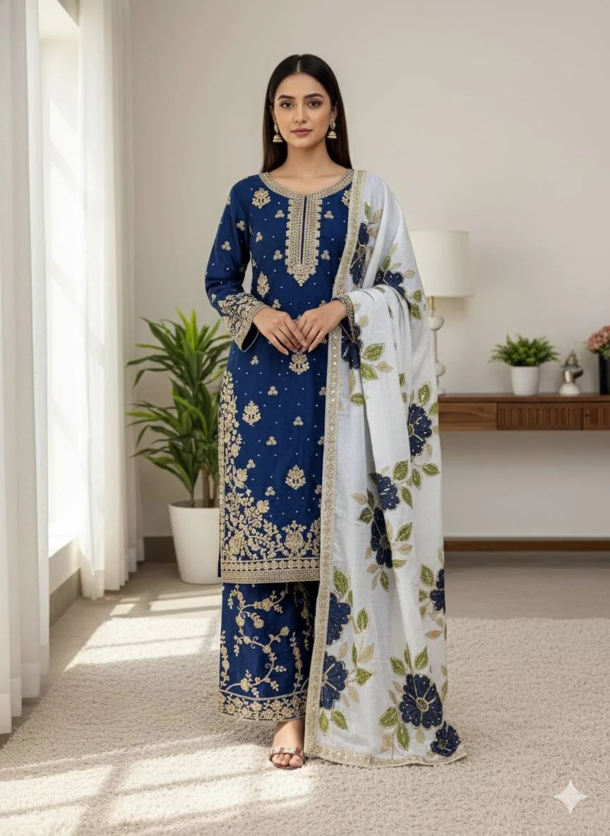 Royal Blue Embroidery & Sequence GMY Silk Suit with Organza Dupatta