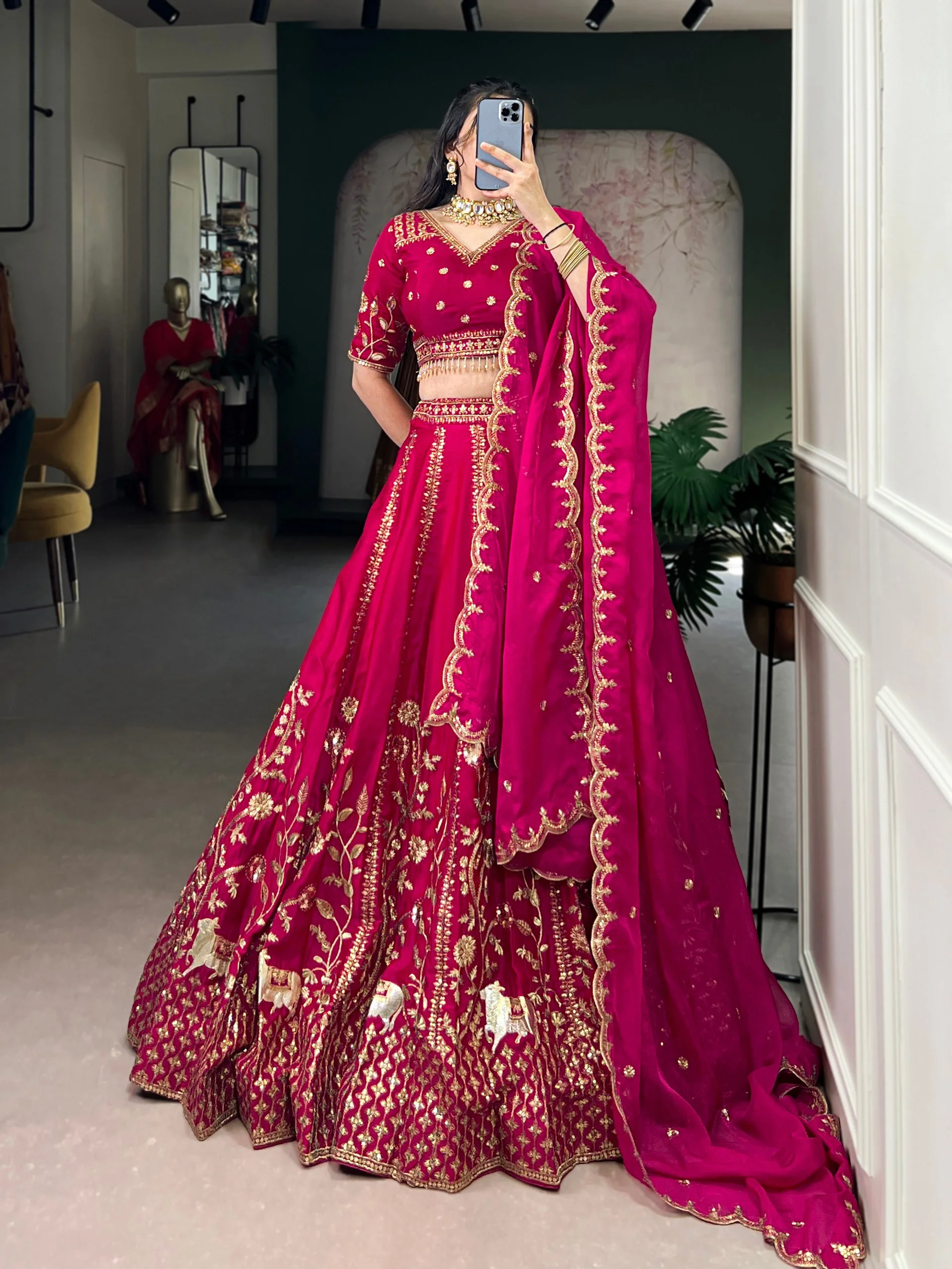 Natural Silk Bridal Lehenga Set with Heavy Sequins & Thread Embroidery