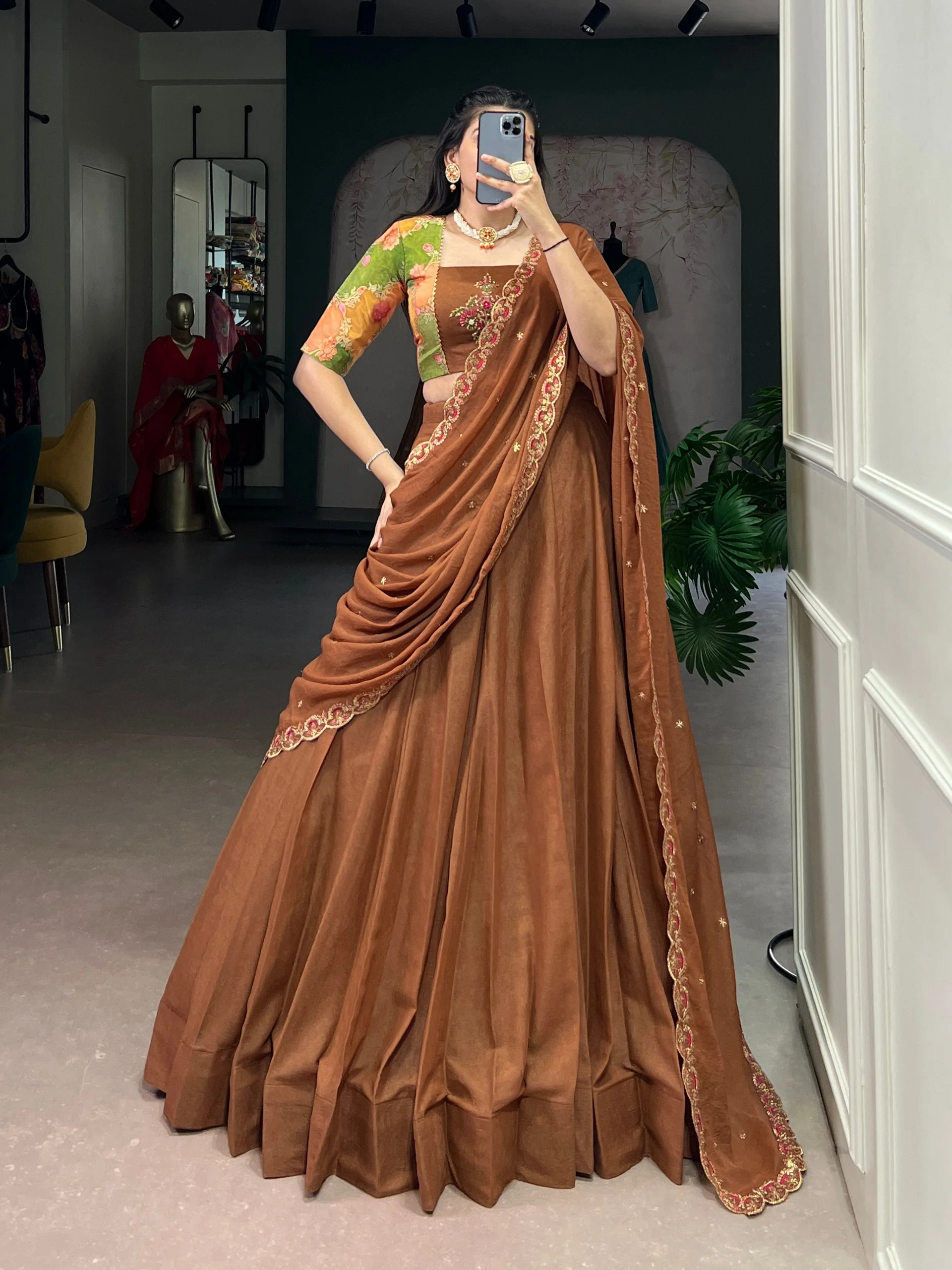 Chocolate Crush Silk Lehenga Set with 5 Meter Flair and Handwork Blouse