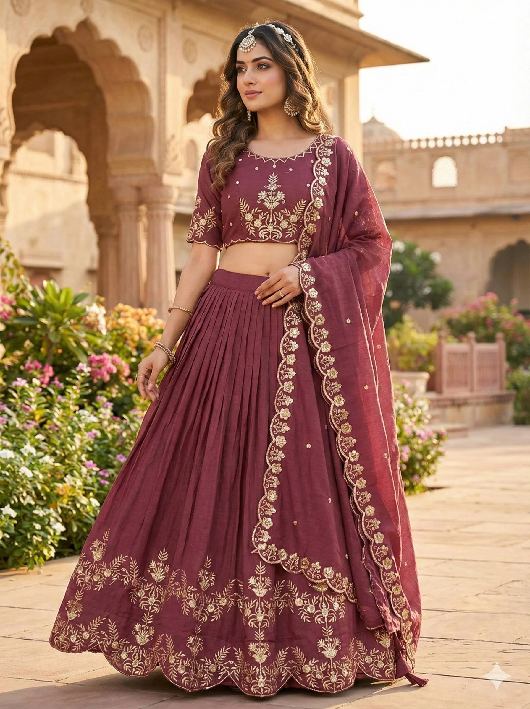 Regal Vichitra Silk Lehenga Set with Golden Zari Embroidery & Cutwork Dupatta