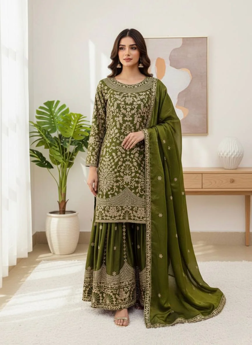 Designer Pure GMY Silk Sharara Palazzo Suit with Heavy Cording