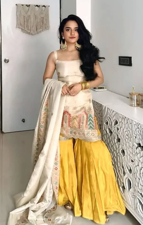 Heavy Chinon Silk Embroidered Top Sharara Set with Thread & Sequence Work Dupatta