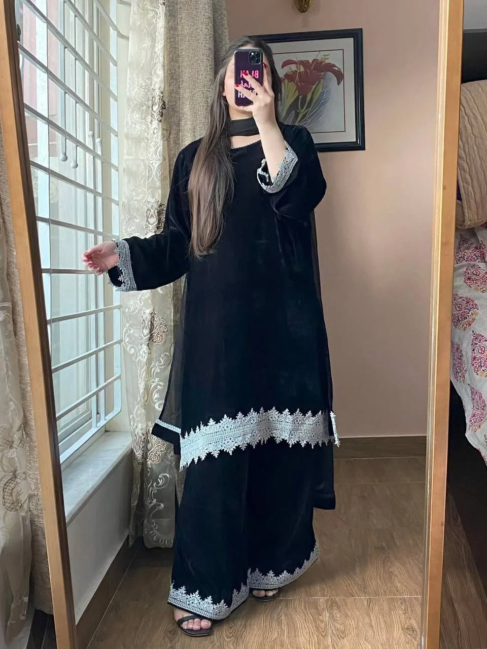 Luxury Velvet Sequence Work Palazzo Suit with Lace-Detail Dupatta