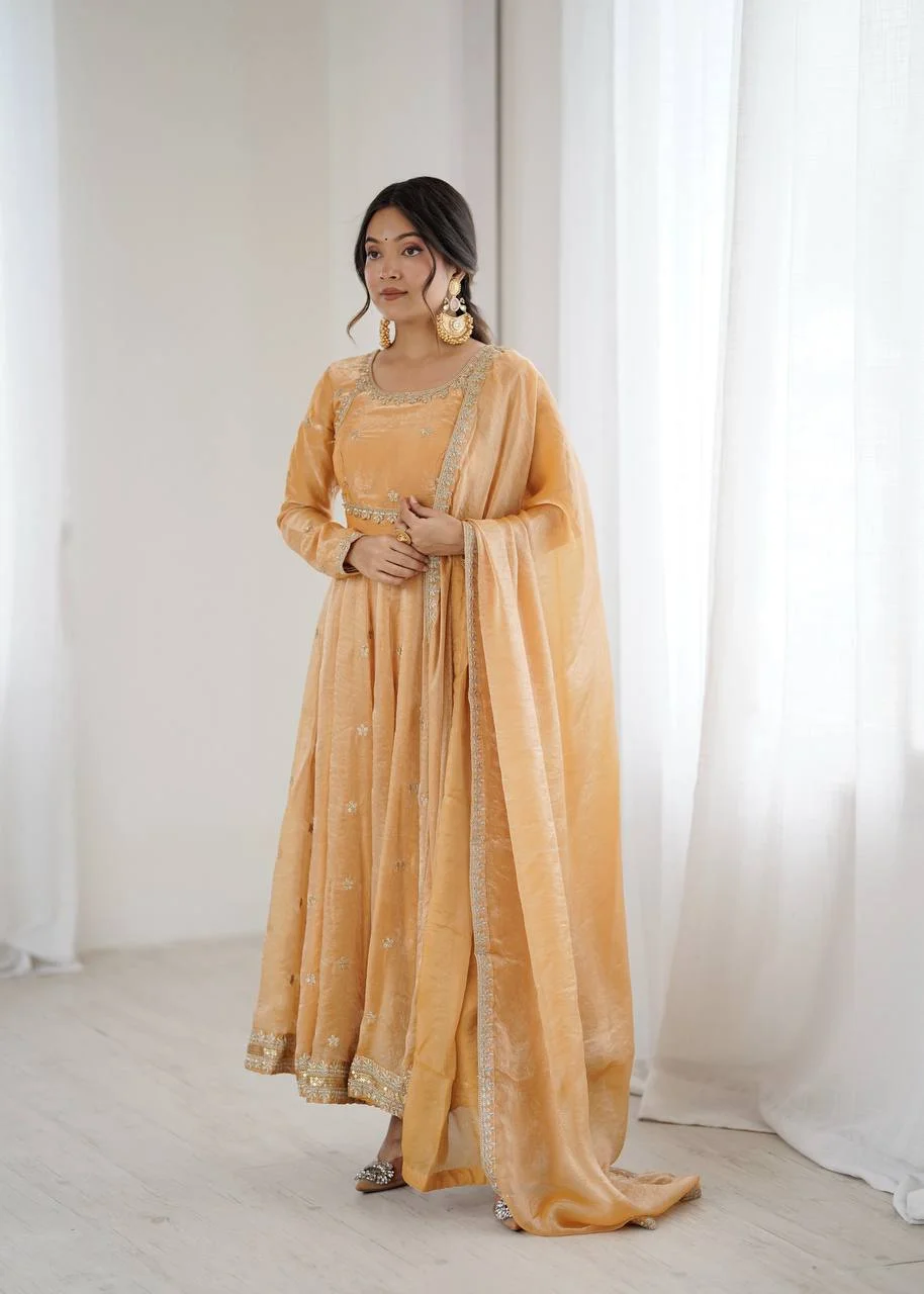 Party Wear Fandy Silk Gown with Pant & Dupatta
