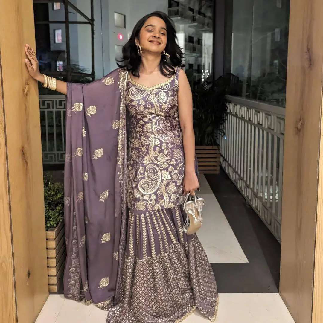 Designer Chinon Silk Sharara Suit with Sequin Embroidery & Matching Dupatta