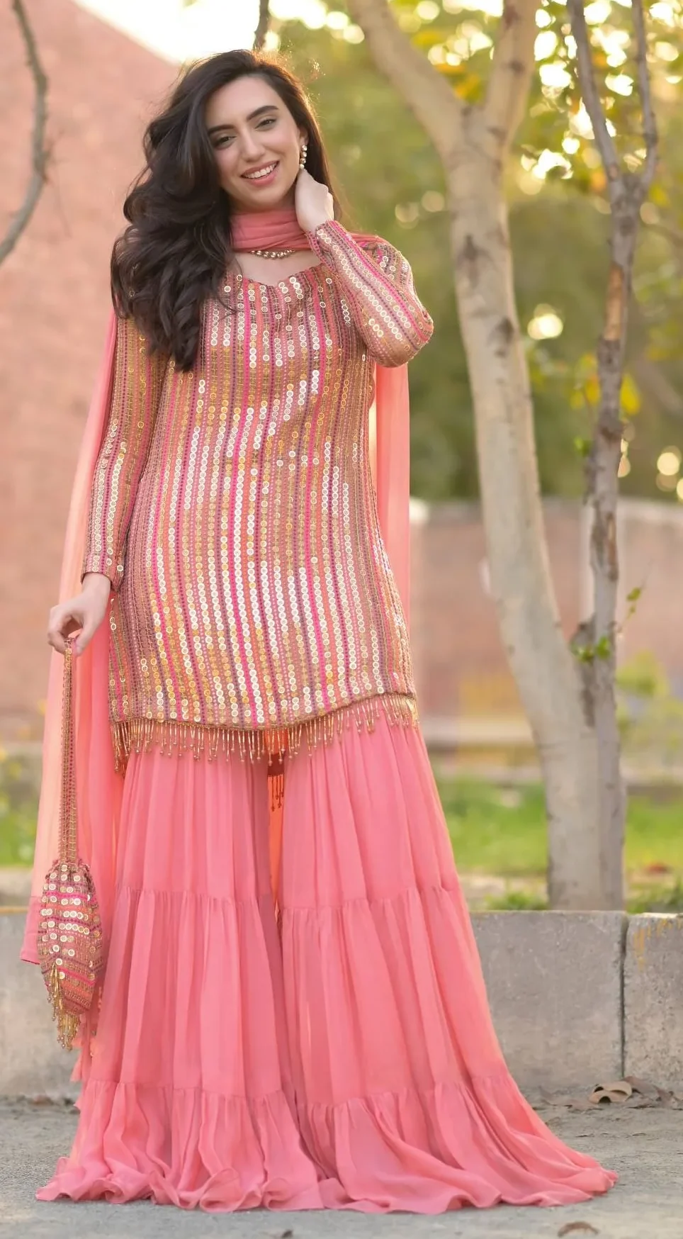 Elegant Heavy Fox Georgette Embroidered Top with Ruffle Palazzo & Dupatta