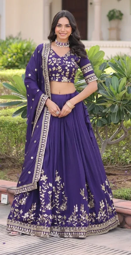 Festive Wear Vichitra Silk Lehenga with Zari-Sequence Work and Unstitched Blouse