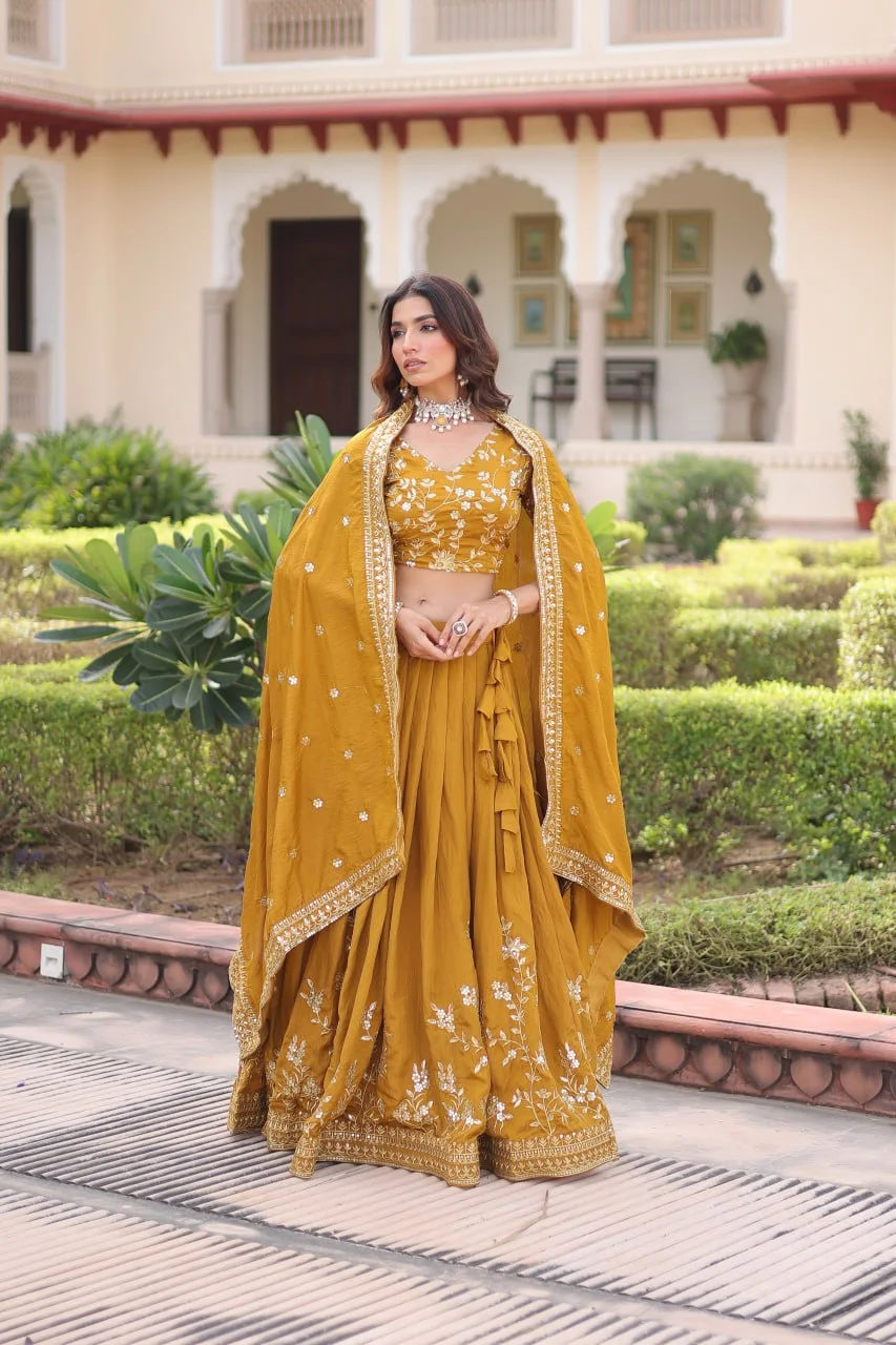 Vichitra Silk Embroidered Lehenga Choli Set with Sequence & Zari Work and Designer Dupatta