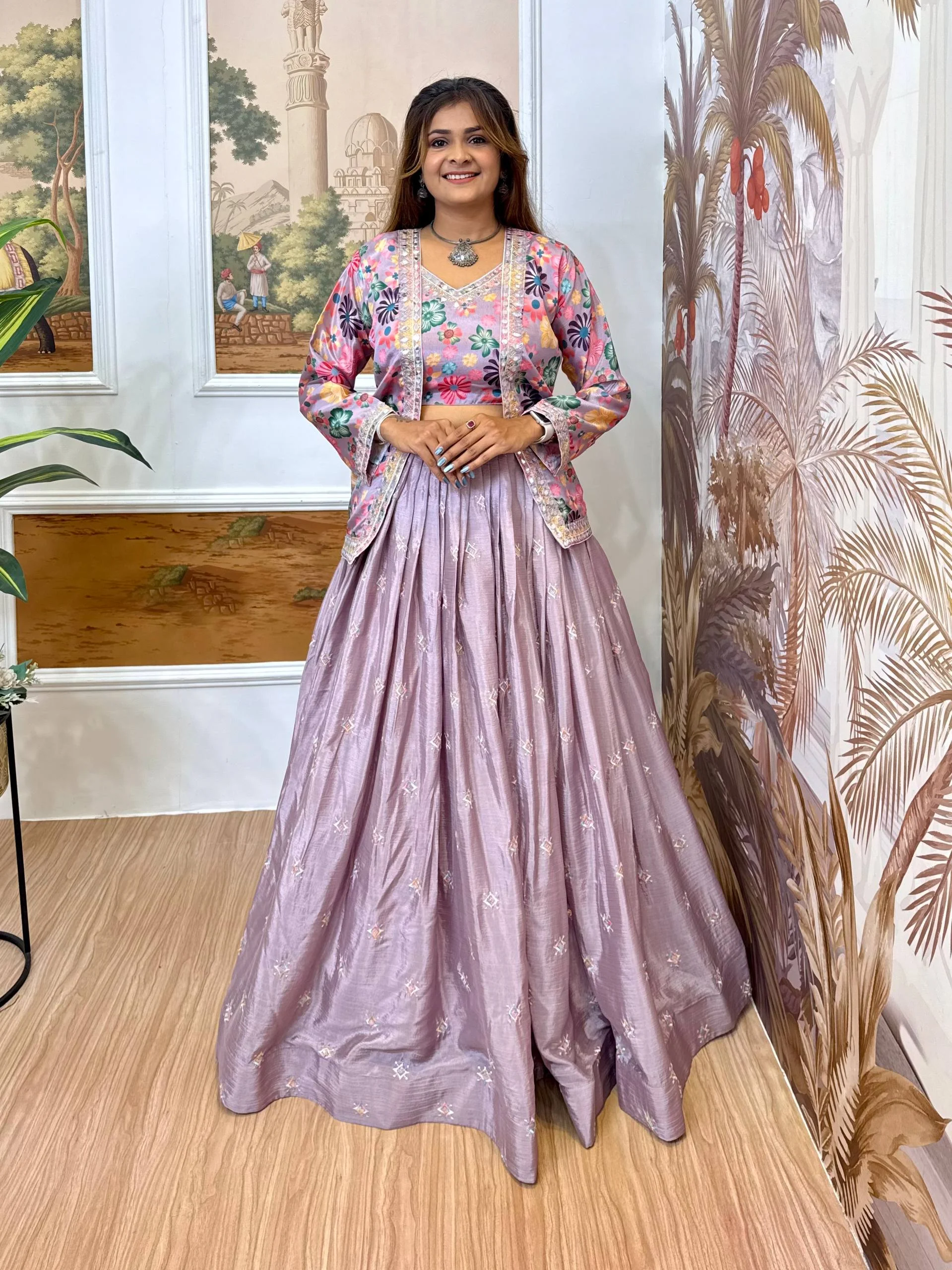 Pure Chinon Embroidered Lehenga Choli with Matching Koti