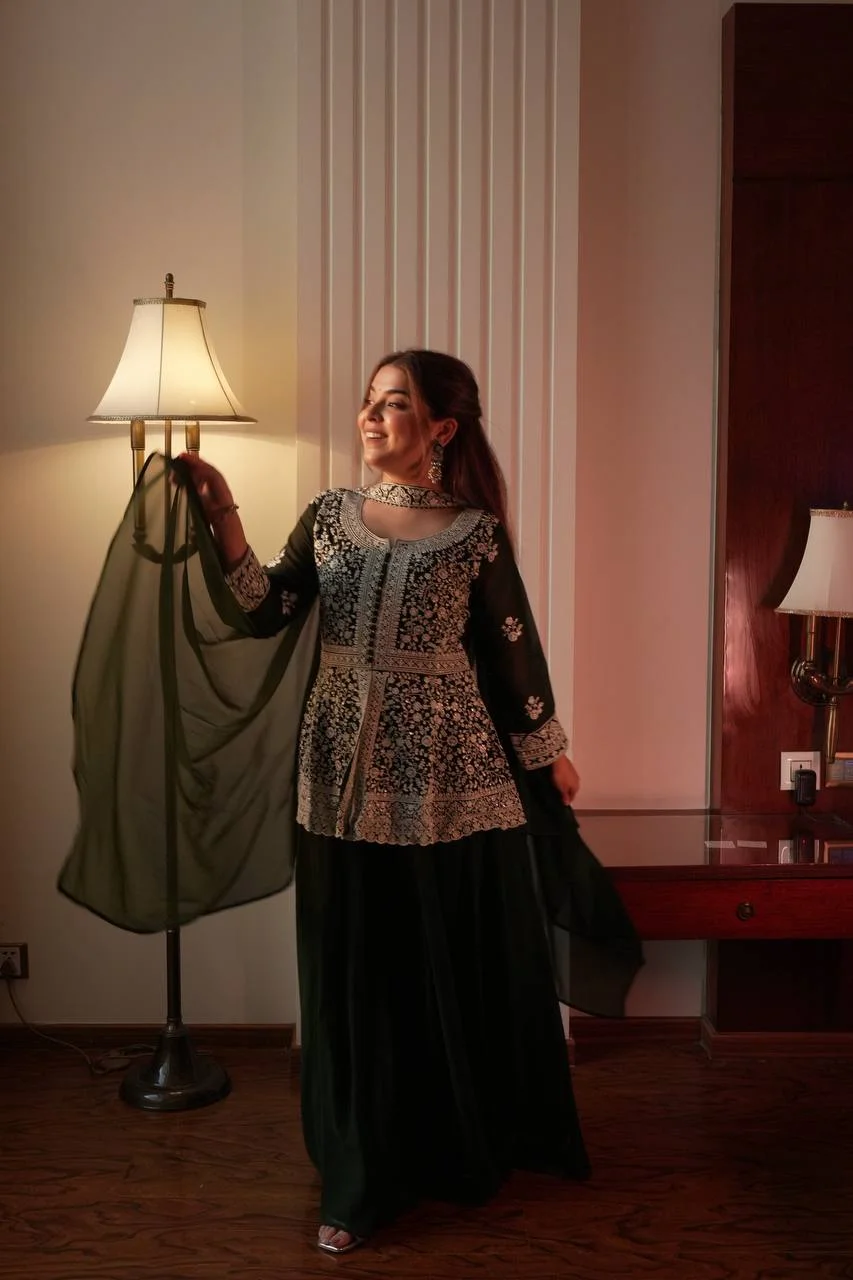 Stylish Georgette Kurti Plazzo Suit with Embroidered Dupatta