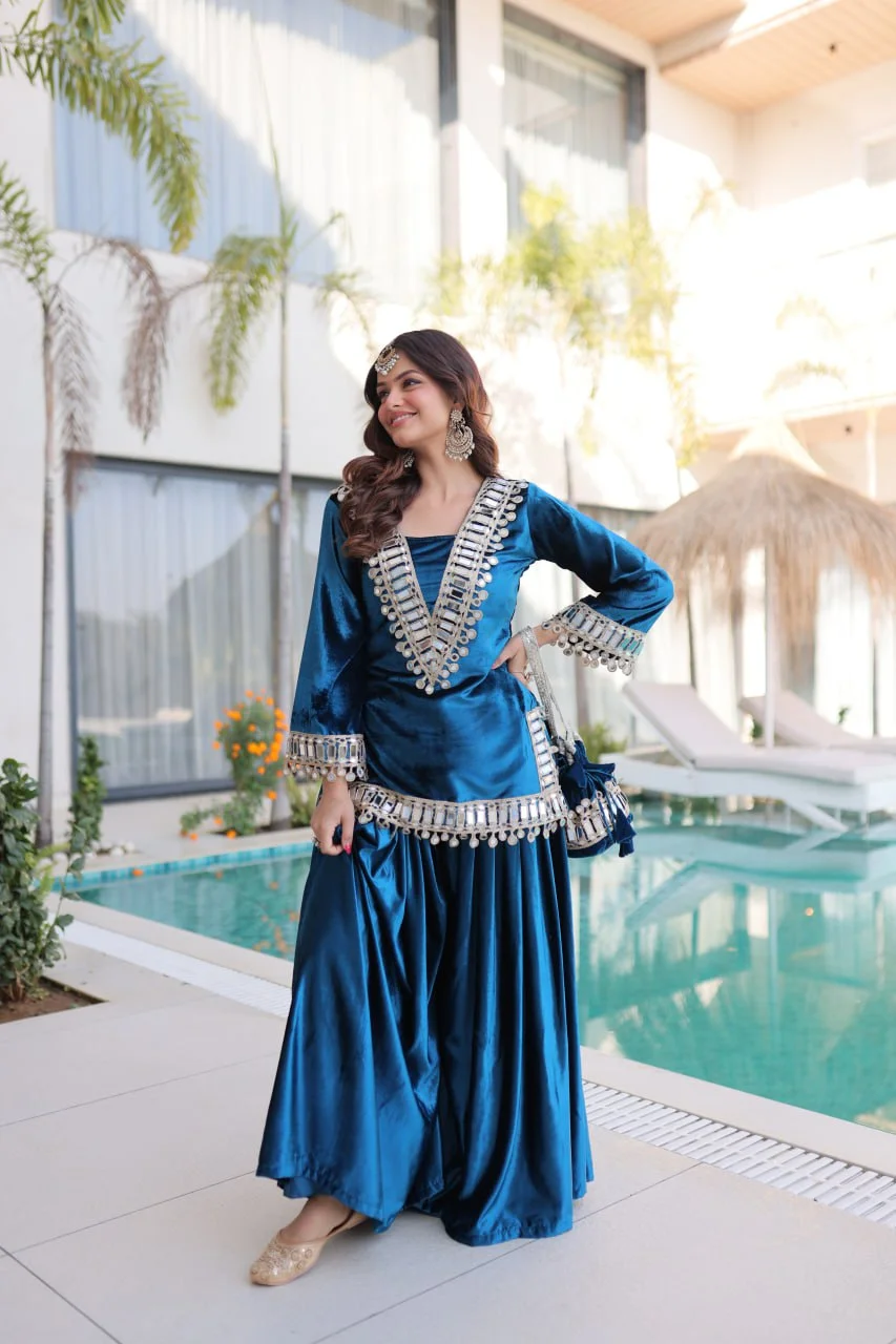 Elegant Ice Velvet Embroidered Top Palazzo Set with Zari & Mirror Detailing