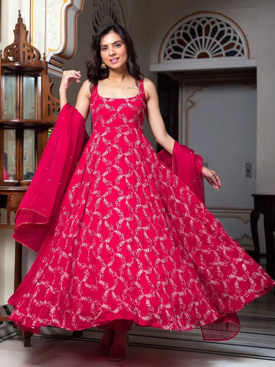 Graceful Thread & Sequence Embroidered Anarkali Suit With Pant and Dupatta