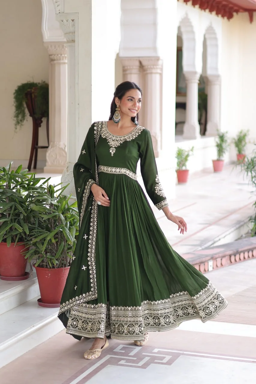 Designer Vichitra Silk Gown with Sequence Embroidery and Lace Border Dupatta