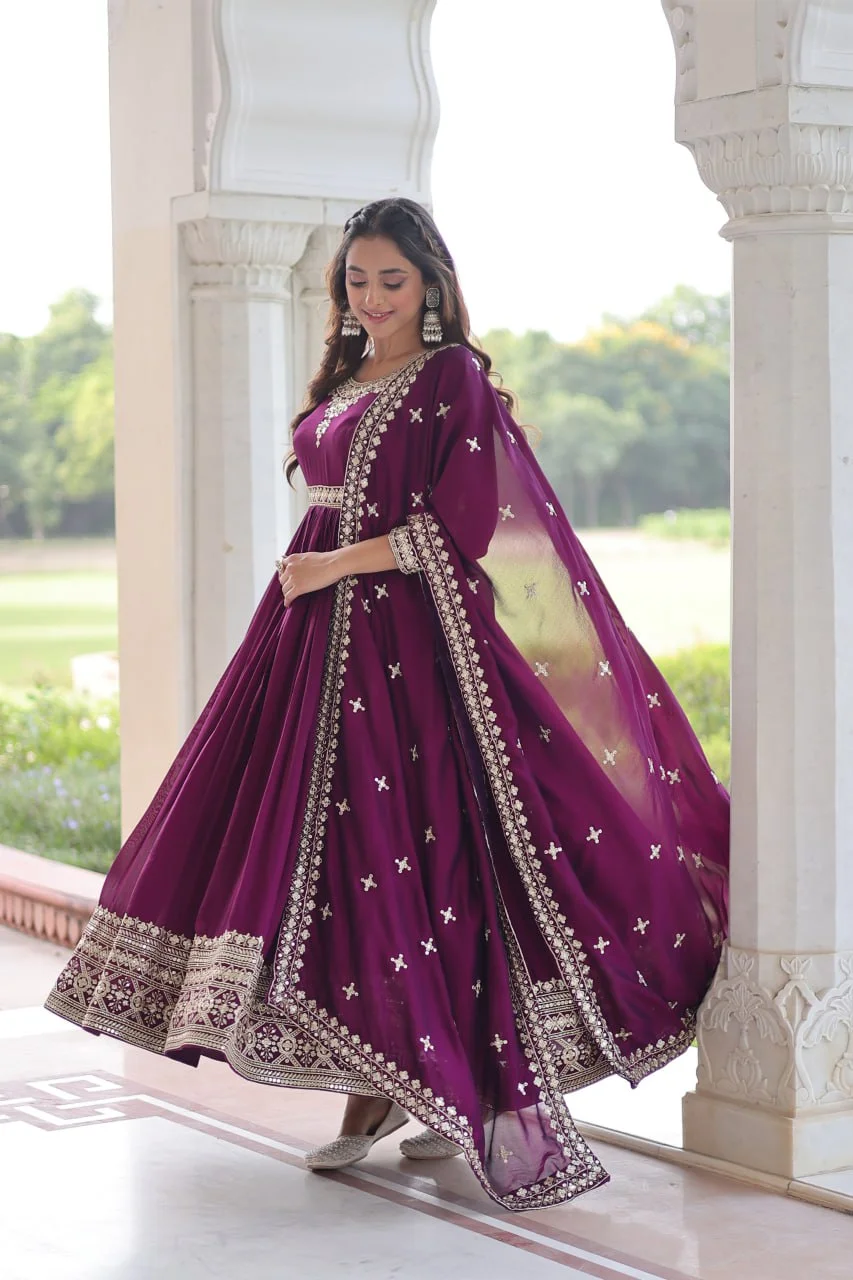 Traditional Vichitra Silk Gown Set with Sequence Work and Canvas Patta