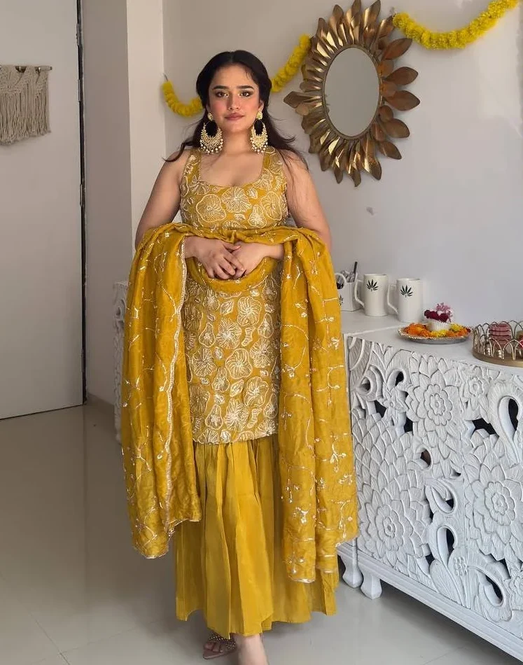 Party Wear Shimmer Silk Top Sharara Set with Heavy Embroidery & Lace Dupatta