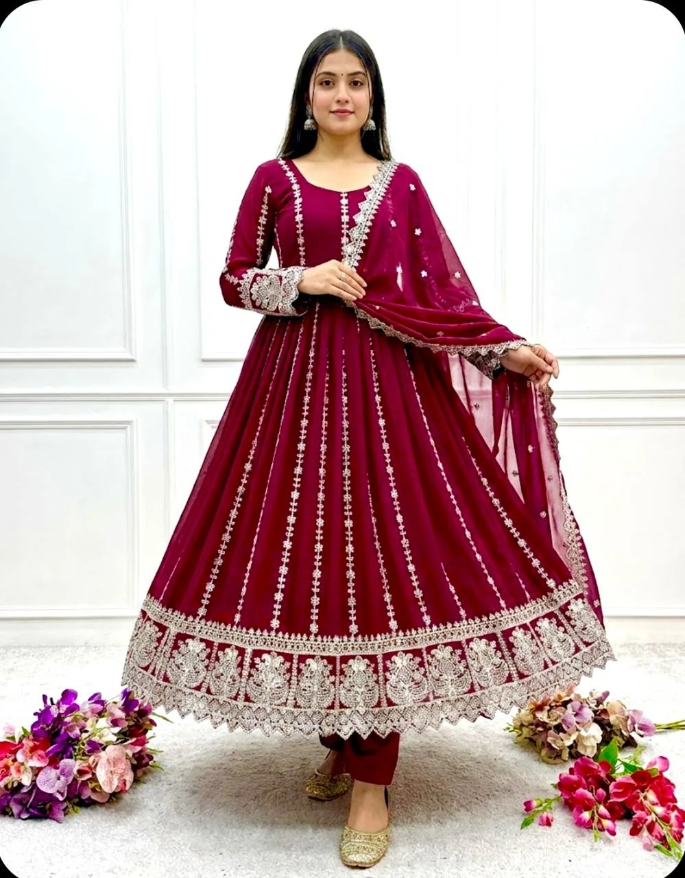 Blooming Georgette Embroidered Gown Set with Coding Dori, Sequence & Dupatta