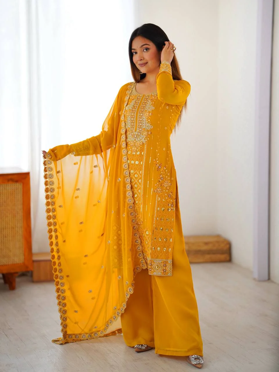 Designer Yellow Faux Georgette Suit Set with Plazzo & Dupatta
