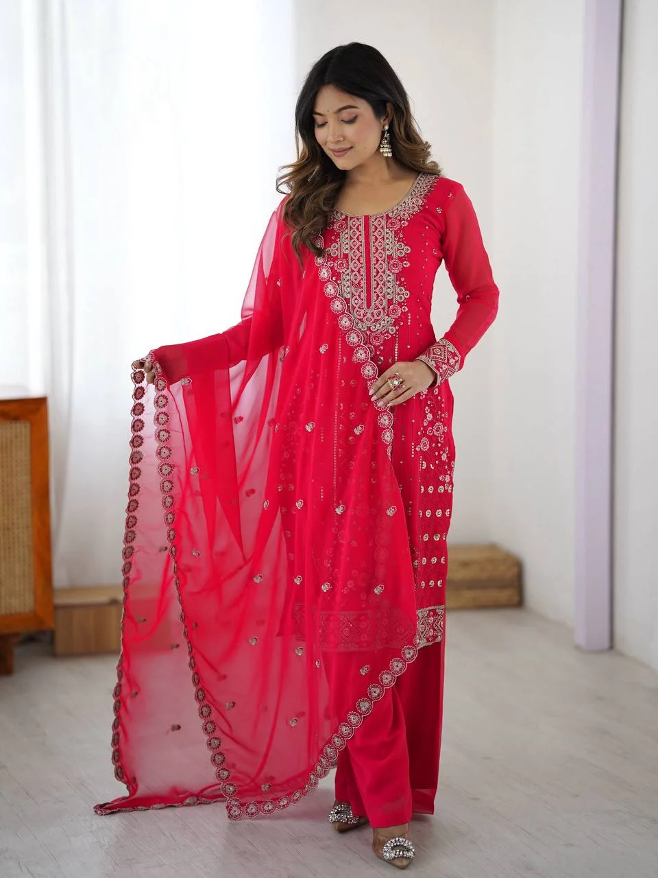 Festive Red Faux Georgette Suit Set with Sequence Embroidery