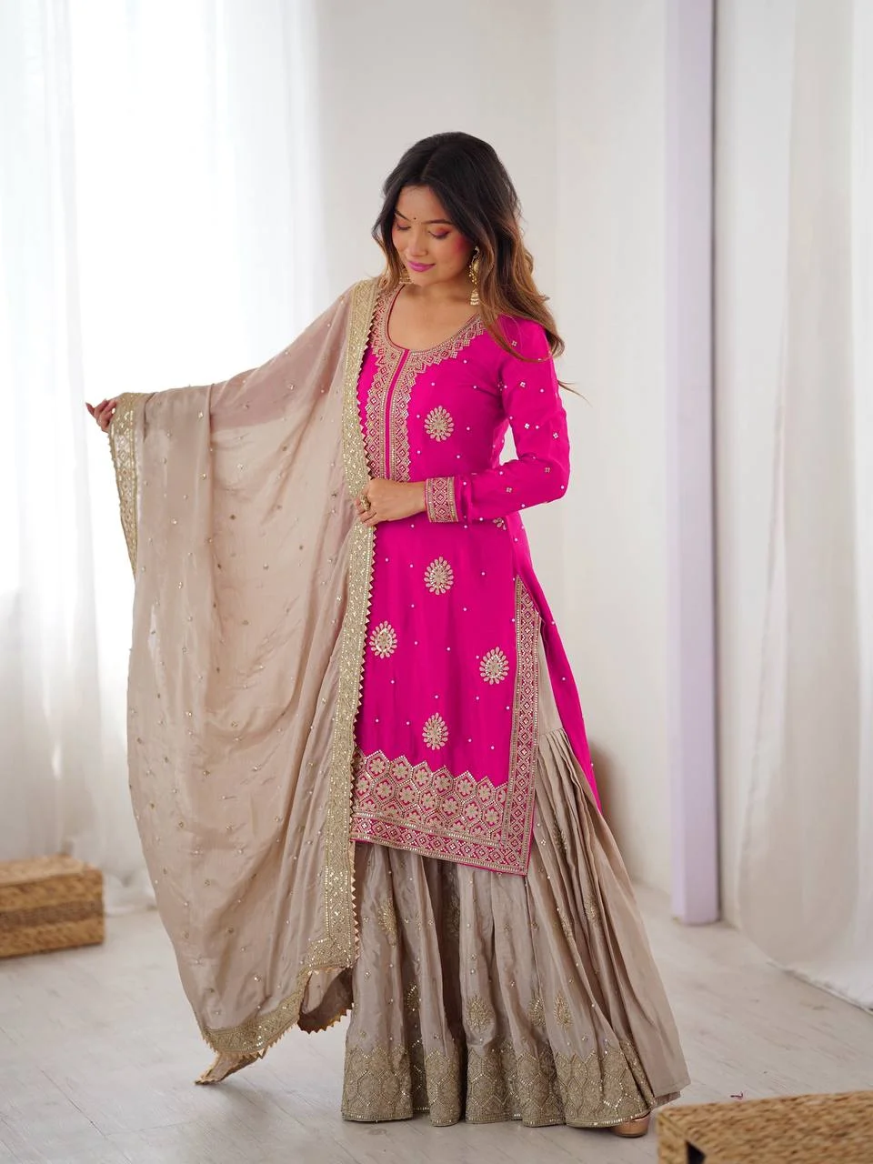 Festive Pink Chinon Silk Sharara Suit with Embroidered Dupatta