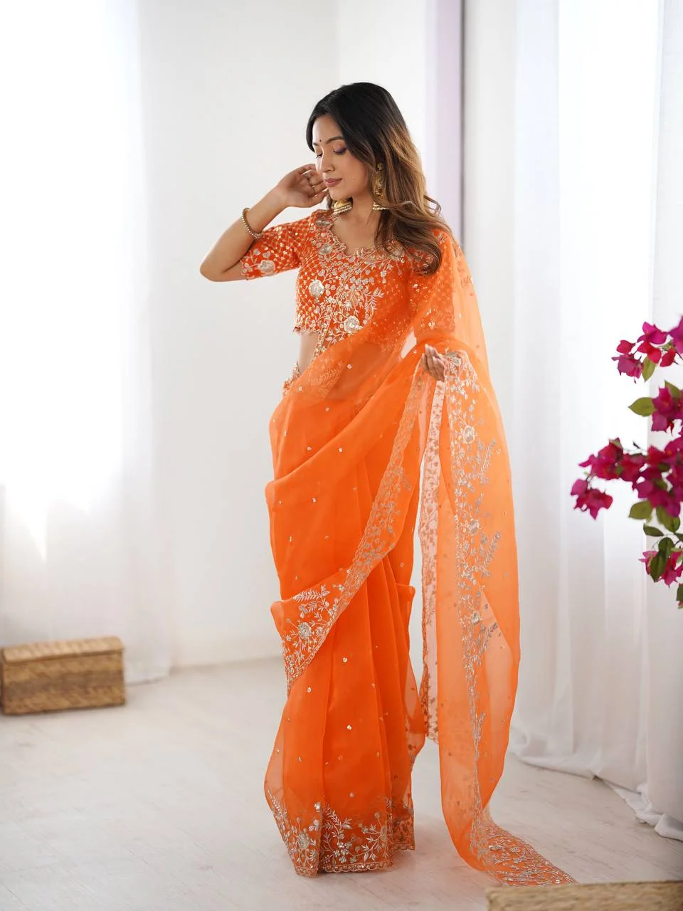 Luxury Organza Silk Saree with Sequen Embroidery & Unstitched Blouse