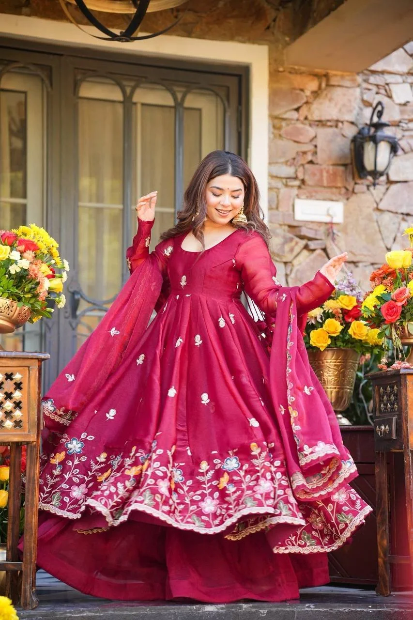 Luxury GMY Silk Anarkali Outfit with Plazzo & Embroidered Dupatta