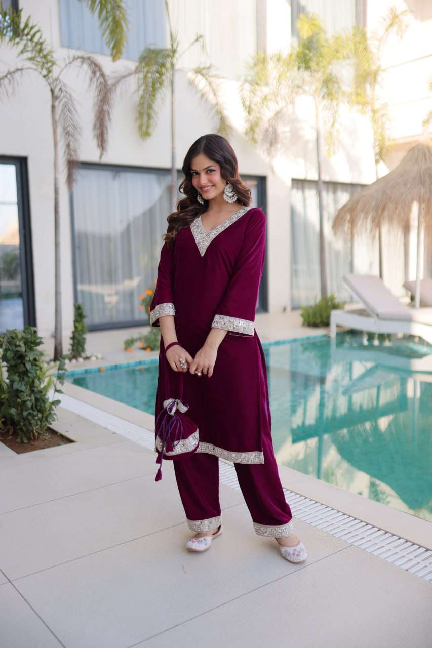 Elegant Velvet Zari Embroidered Set with Bell Sleeve Top & Batwa