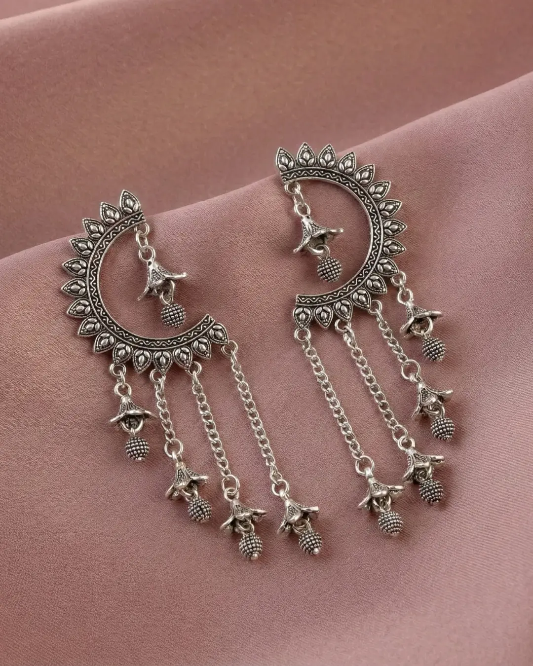 Traditional Oxidized Silver Moon-Shape Jhumka Earrings