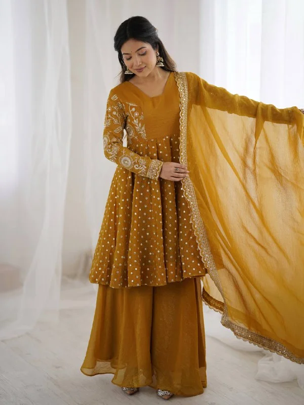Chic Mustard Sharara Set : Crunchy Silk Embroidered Top With Dupatta