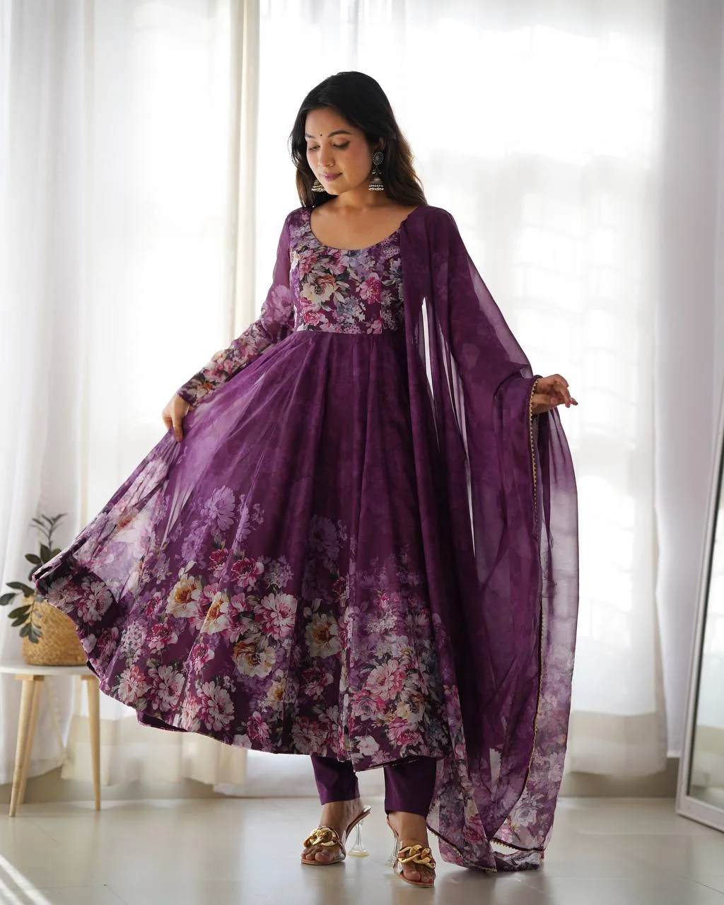 Premium Wine Organza Anarkali with Elegant Gota Patti Lace Dupatta