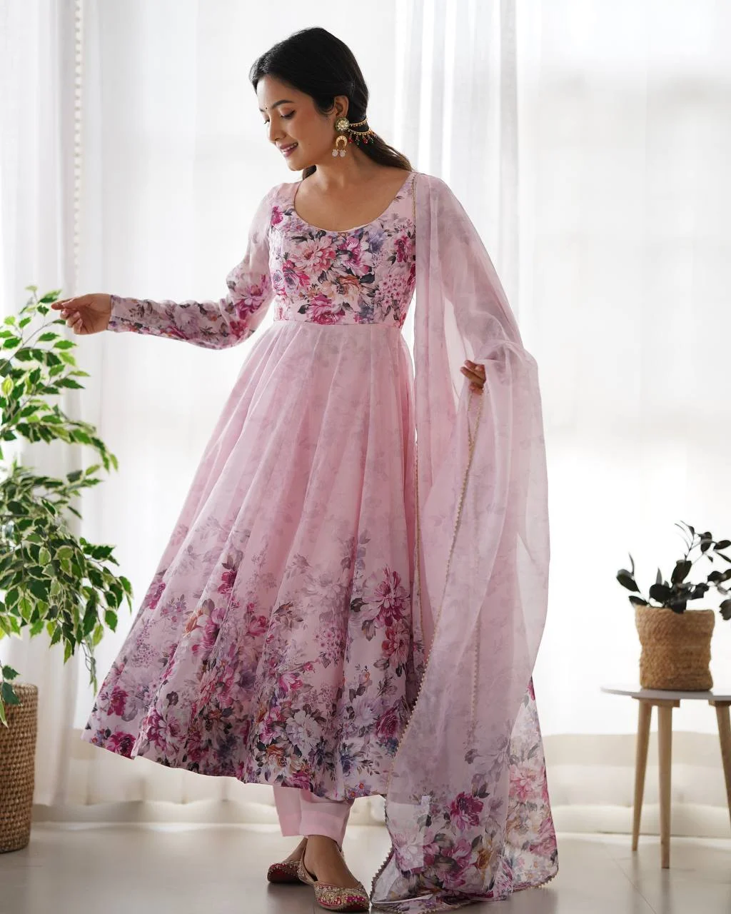 Soft Pink Organza Anarkali Gown with Designer Gota Patti Dupatta
