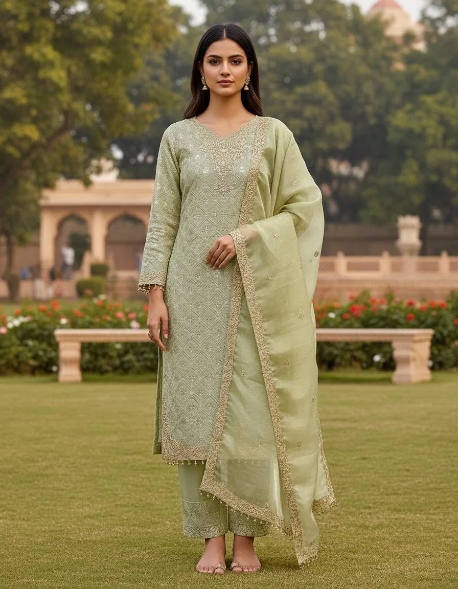 Designer GMY Silk Top & Plazzo Set with Heavy Sequence Embroidery