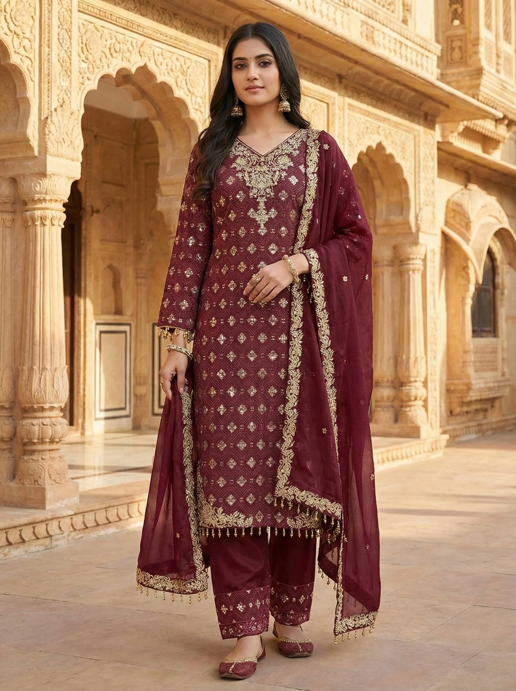 Luxury GMY Silk Embroidered Top and Pant Set for Women