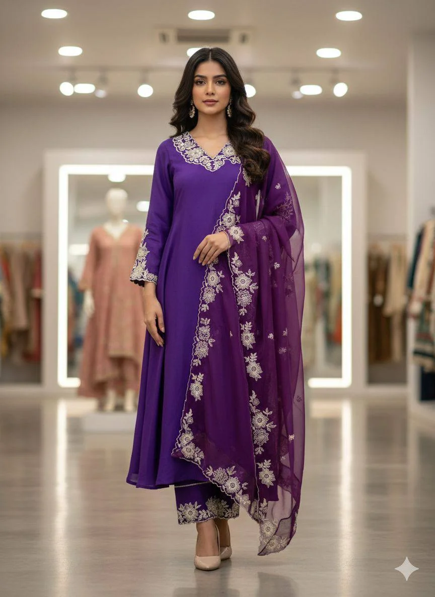 Designer Roman Silk Kurti Pant Suit with Embroidered Dupatta