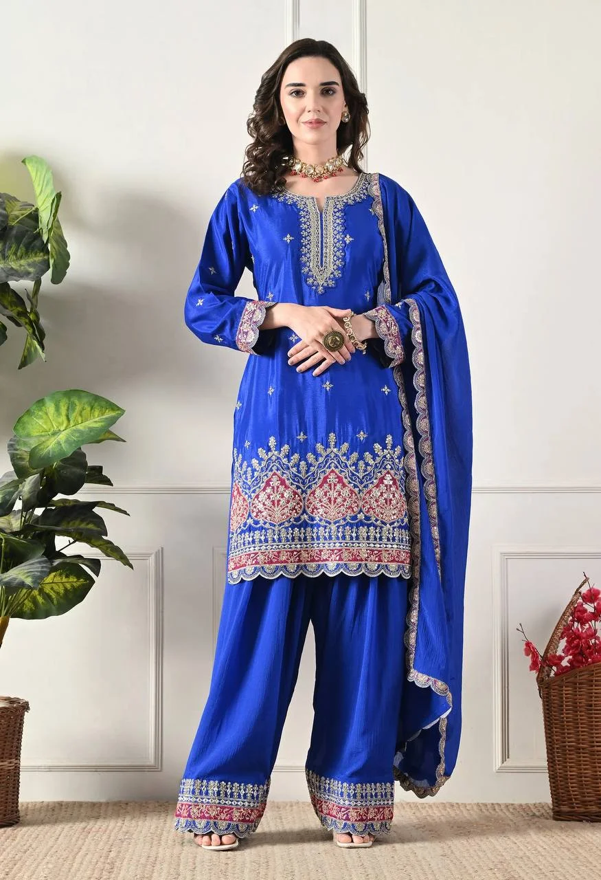 Premium Chinos Embroidered Farshi Plazzo Suit with Dupatta