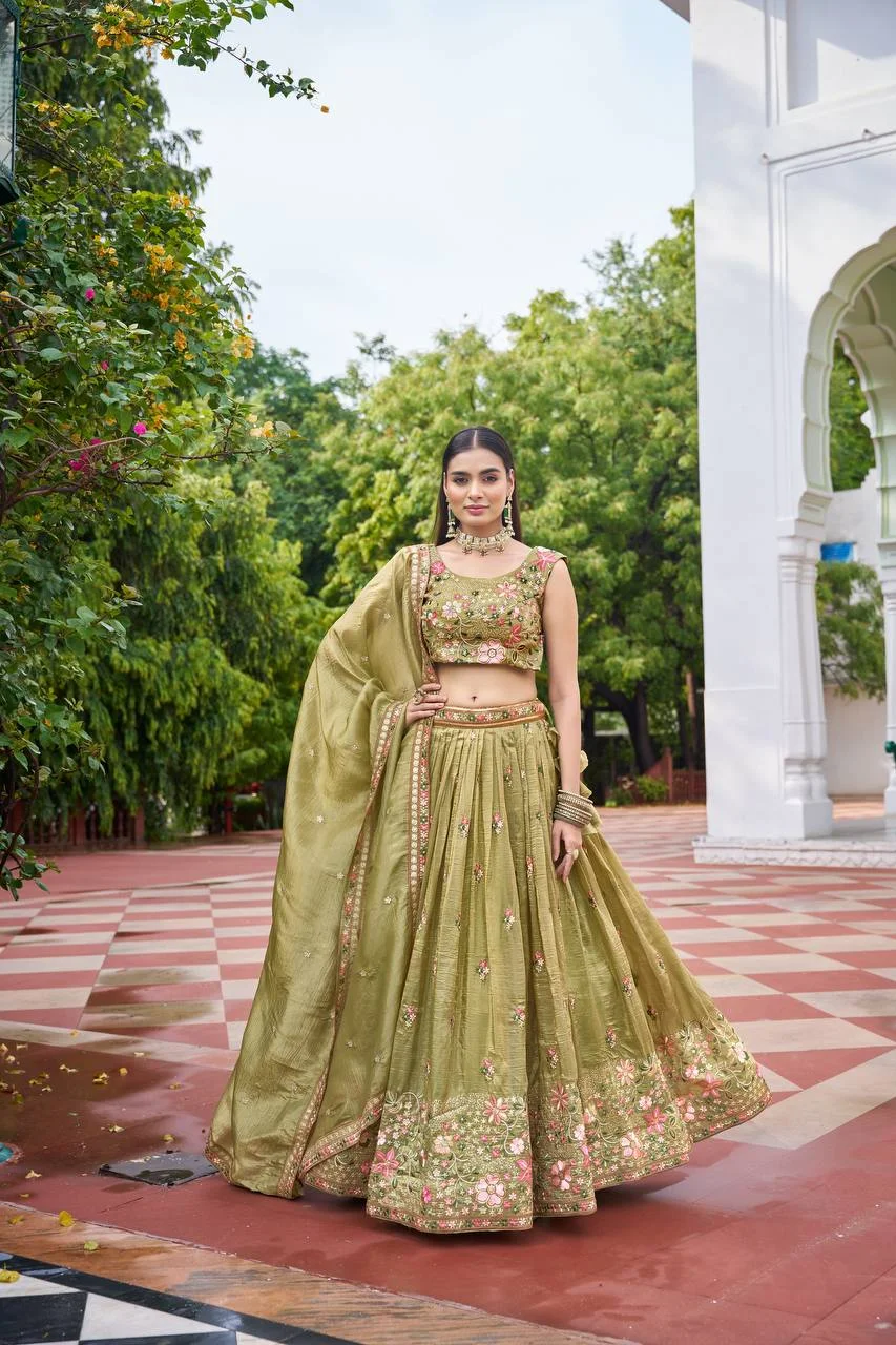 Wedding Wear Gold Crush Lehenga Set with Heavy Embroidery