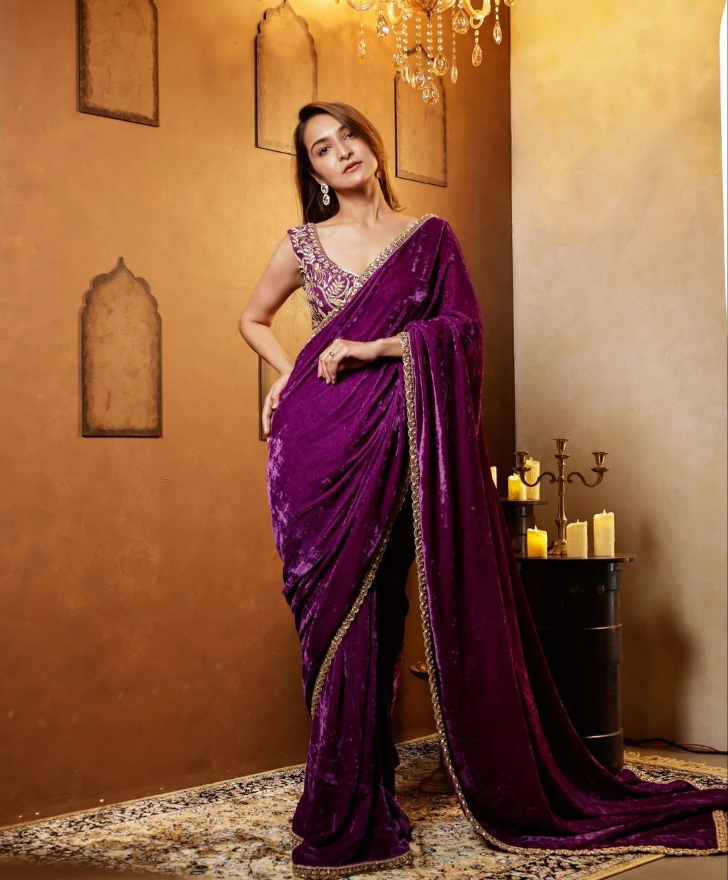 Royal Party Wear Velvet Saree with Sequins Embroidered Blouse